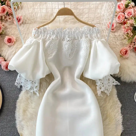 Sexy Hollow Out Lace Bodycon Long Dress Women Elegant Red/Pink/White Off Shoulder Patchwork Maxi Party Vestidos 2021 Autumn New - Lootquake