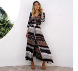 1pcs/lot Women Bohemia V-neck Three Quarter Sleeve Floral Print Ethnic Autumn Beach Boho Long Dress - Lootquake