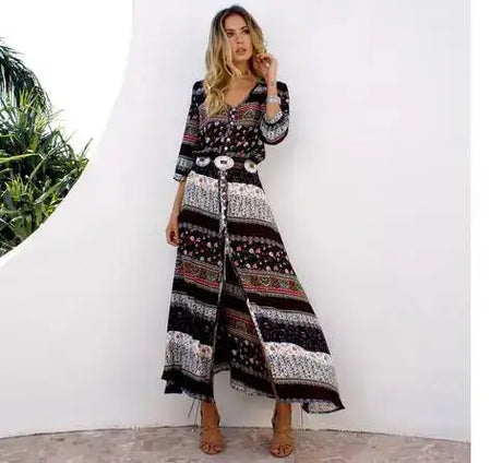 1pcs/lot Women Bohemia V-neck Three Quarter Sleeve Floral Print Ethnic Autumn Beach Boho Long Dress - Lootquake