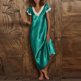 Women Summer Silk Sleepwear Short Sleeve V Neck Homewear Long Dress Nightgowns Sleepwear Sleep Tos Night Dress Underwear - Lootquake