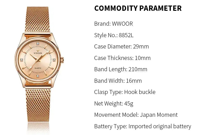 WWOOR 2023 Casual Women Dress Rose Gold Mesh Belt  Fashion Diamonds Wristwatch Waterproof Simple Female Quartz Watch Reloj Mujer - Lootquake