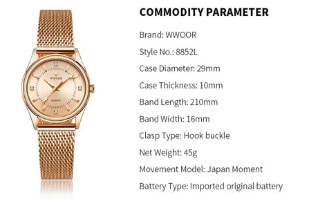WWOOR 2023 Casual Women Dress Rose Gold Mesh Belt  Fashion Diamonds Wristwatch Waterproof Simple Female Quartz Watch Reloj Mujer - Lootquake