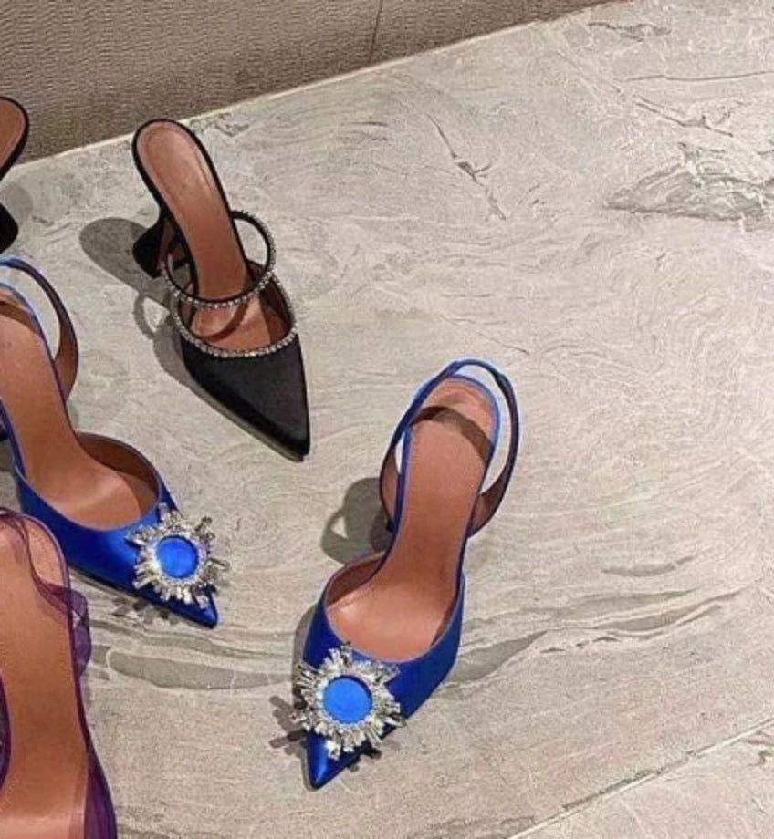 New Fashionable Half Slippers Women&#39;s Sandals Fashionable Sparkling Rhinestones Satin Wine Glass Heel Shoes Closed-Toe Slippers