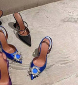 New Fashionable Half Slippers Women&#39;s Sandals Fashionable Sparkling Rhinestones Satin Wine Glass Heel Shoes Closed-Toe Slippers