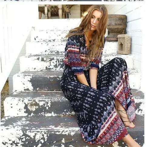 1pcs/lot Women Bohemia V-neck Three Quarter Sleeve Floral Print Ethnic Autumn Beach Boho Long Dress - Lootquake