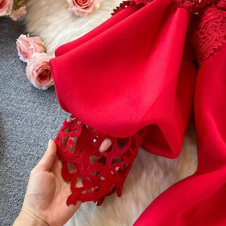 Sexy Hollow Out Lace Bodycon Long Dress Women Elegant Red/Pink/White Off Shoulder Patchwork Maxi Party Vestidos 2021 Autumn New - Lootquake