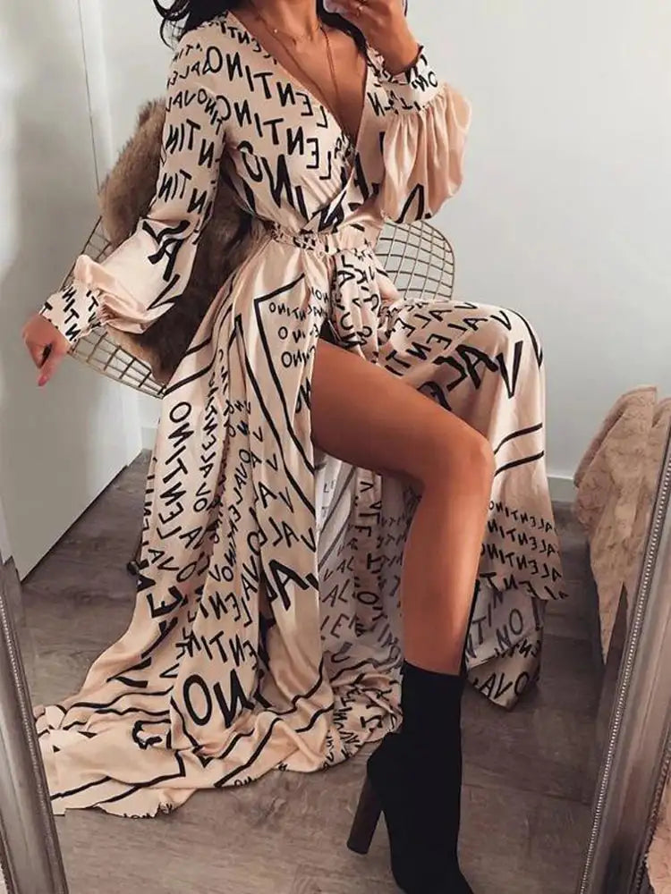 2021 New Style Fashion Elegant Women Sexy Boat Neck Glitter Deep V Neck Print Party Dress Formal Long Dress Sexy Clubwear - Lootquake