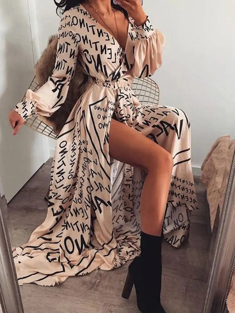 2021 New Style Fashion Elegant Women Sexy Boat Neck Glitter Deep V Neck Print Party Dress Formal Long Dress Sexy Clubwear - Lootquake