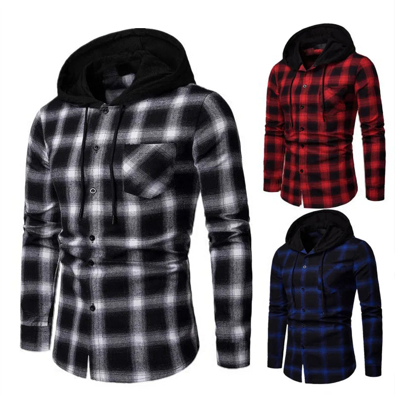 Men's Shirts Autumn Fashion Casual Plaid Shirts Long Sleeve Cotton high quality Pullover Hooded Shirt Winter Mens Top Blouse - Lootquake
