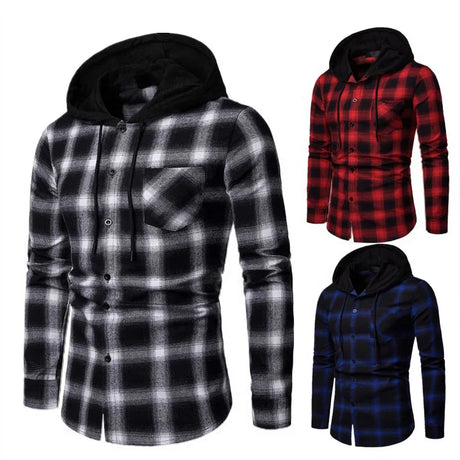 Men's Shirts Autumn Fashion Casual Plaid Shirts Long Sleeve Cotton high quality Pullover Hooded Shirt Winter Mens Top Blouse - Lootquake