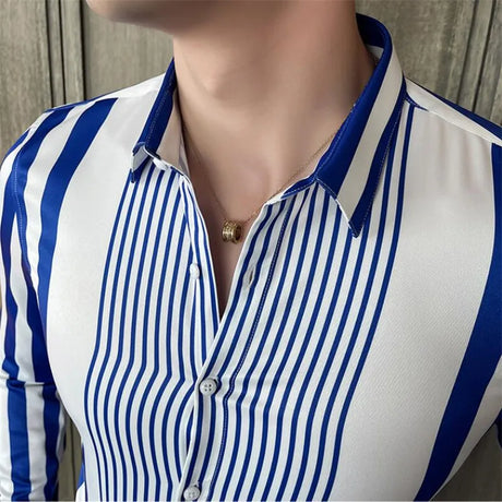 British Style Striped Shirts Mens Long Sleeve Business Formal Dress Shirt Casual Slim Fit Dress Streetwear Social Party Clothing - Lootquake