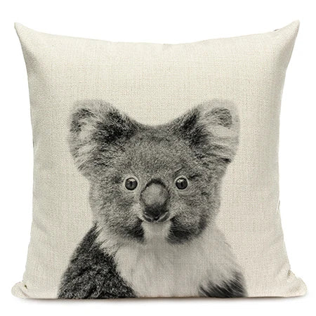 Black and White Cute Animals Cushion Cover - Animal Portrait Decoration Throw Pillow Case 45x45cm for Home Sofa Decor