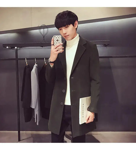 2024 Spring Autumn New Long Cotton Coat New Wool Blend Pure Color Casual Business Fashion Men's Clothing Slim Windbreaker Jacket - Lootquake