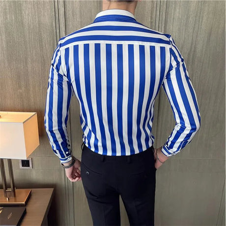 British Style Striped Shirts Mens Long Sleeve Business Formal Dress Shirt Casual Slim Fit Dress Streetwear Social Party Clothing - Lootquake