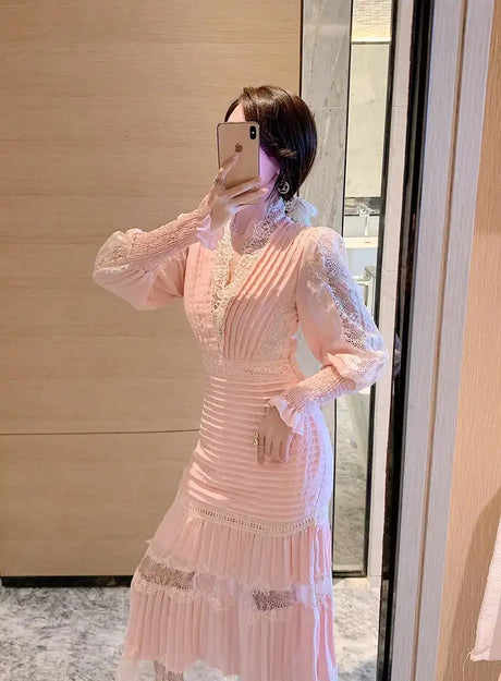 JSXDHK 2024 New Runway Designer Women Black Long Dress Elegant Spring Chiffon Patchwork Lace V Neck Lantern Sleeve Pleated Dress - Lootquake