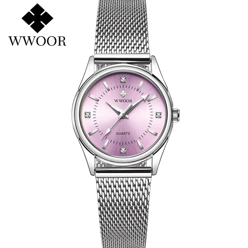WWOOR 2023 Casual Women Dress Rose Gold Mesh Belt  Fashion Diamonds Wristwatch Waterproof Simple Female Quartz Watch Reloj Mujer - Lootquake
