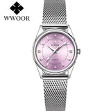 WWOOR 2023 Casual Women Dress Rose Gold Mesh Belt  Fashion Diamonds Wristwatch Waterproof Simple Female Quartz Watch Reloj Mujer - Lootquake