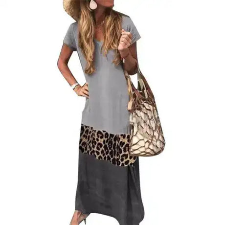 Casual Women summer dress  V Neck Short Sleeve woman dress Leopard Print Color Block Loose Long Dress dresses for women платье - Lootquake