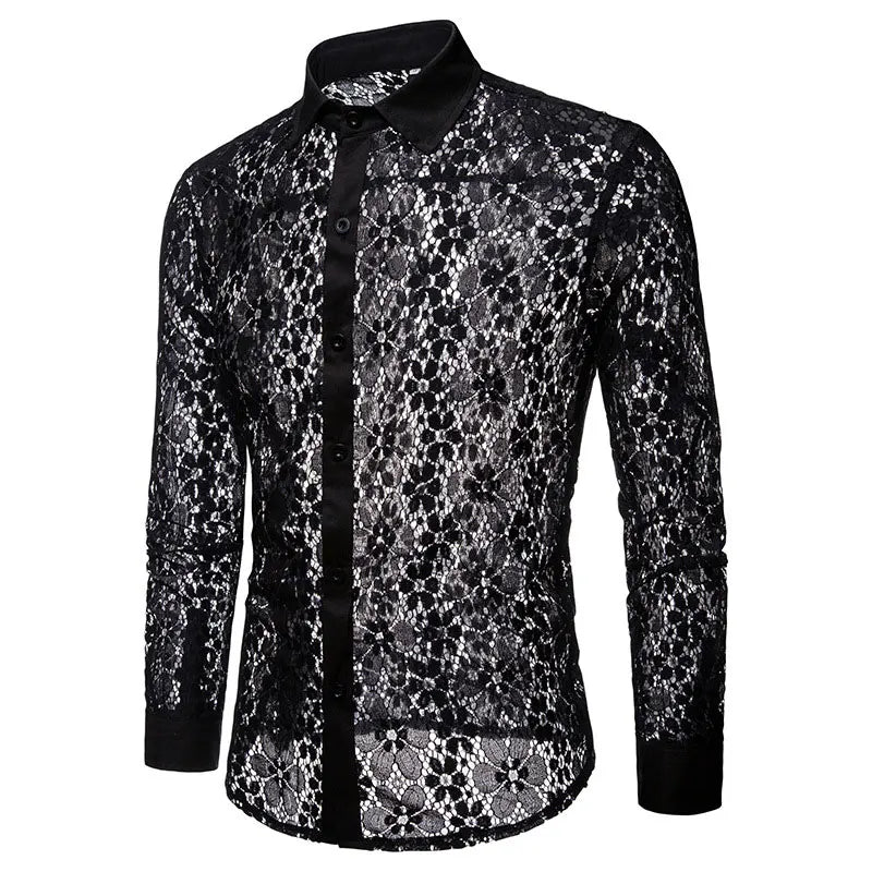 Mens Flower Patchwork Embroidery Lace Shirt 2019 Fashion Transparent Sexy Dress Shirts Mens See Trough Club Party Event Chemise - Lootquake