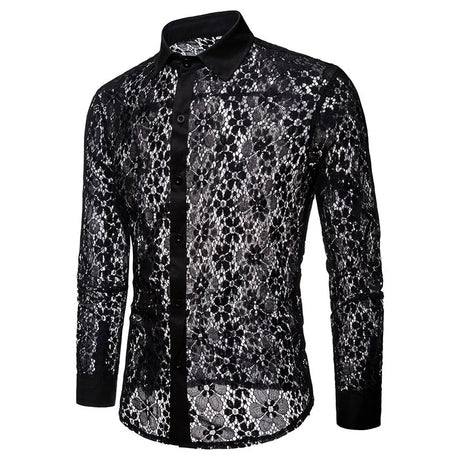 Mens Flower Patchwork Embroidery Lace Shirt 2019 Fashion Transparent Sexy Dress Shirts Mens See Trough Club Party Event Chemise - Lootquake