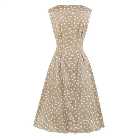 Tonval Khaki Color High Waist Elegant Polka Dot Women Vintage Long Dress Sleeveless Pocket Side Ladies Midi Dresses Retro - Lootquake