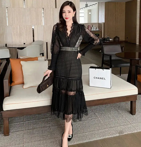 JSXDHK 2024 New Runway Designer Women Black Long Dress Elegant Spring Chiffon Patchwork Lace V Neck Lantern Sleeve Pleated Dress - Lootquake