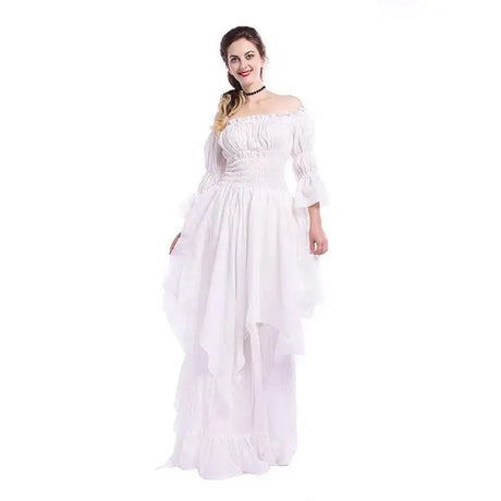 White Victorian Medieval Renaissance Long Dress Plus Size Women Cosplay Halloween Costume Princess Gown Vintage Gothic Dresses - Lootquake