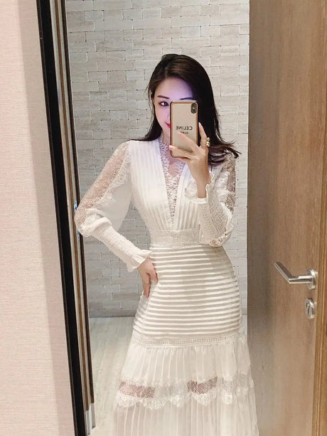 JSXDHK Fashion Runway Women Pleated Party Dress Spring Sexy V Neck Lantern Sleeve Chiffon Patchwork Lace Bodycon Slim Long Dress - Lootquake