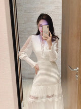 JSXDHK 2024 New Runway Designer Women Black Long Dress Elegant Spring Chiffon Patchwork Lace V Neck Lantern Sleeve Pleated Dress - Lootquake