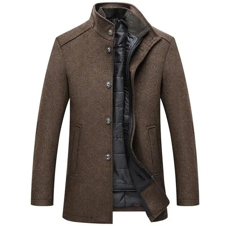 Woolen Coat Men Winter Windbreaker Long Thick Wool Jackets abrigo hombre Man Stand Collar Single Breasted With Vest Woolen Coats - Lootquake