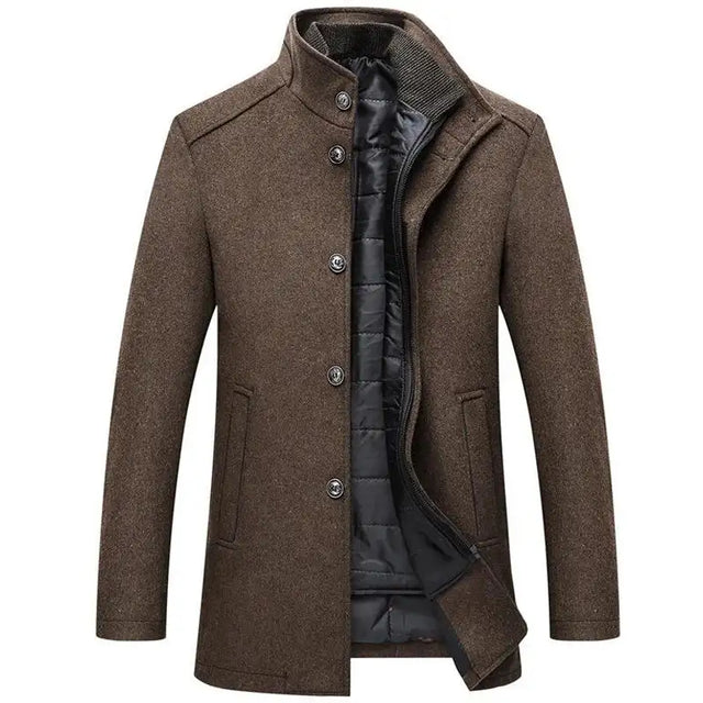 Woolen Coat Men Winter Windbreaker Long Thick Wool Jackets abrigo hombre Man Stand Collar Single Breasted With Vest Woolen Coats - Lootquake