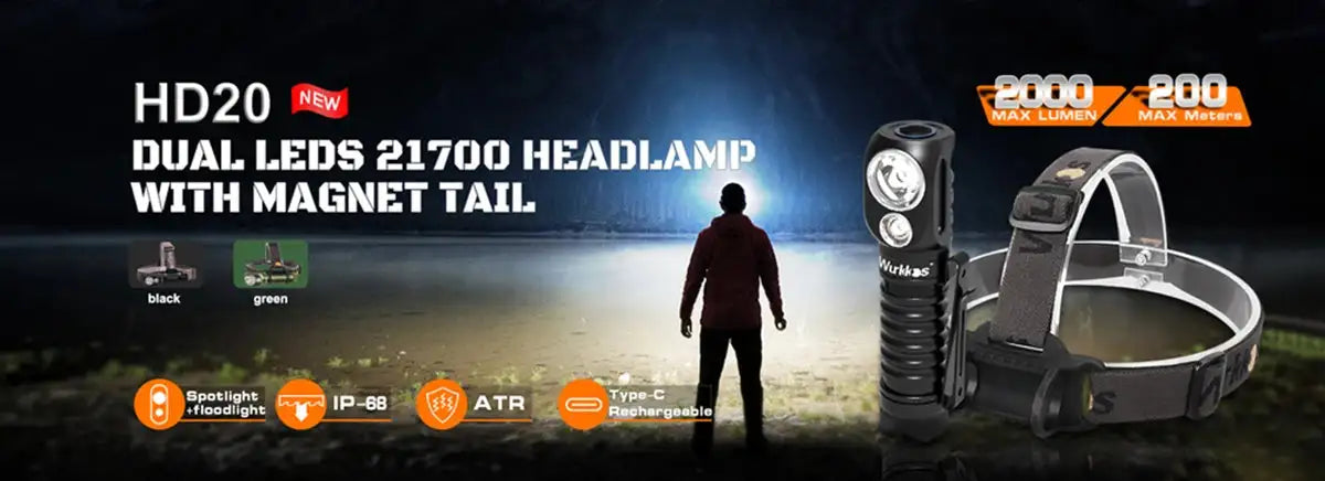 Wurkkos HD15R 18650 Dual LED Headlamp with Red FloodlightRechargeable Flashlight 2000lm with Magnetic Tail Camping Lights - Lootquake