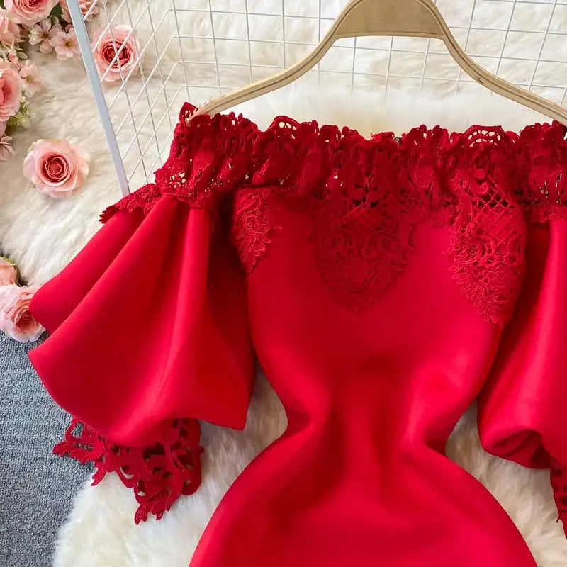 Sexy Hollow Out Lace Bodycon Long Dress Women Elegant Red/Pink/White Off Shoulder Patchwork Maxi Party Vestidos 2021 Autumn New - Lootquake
