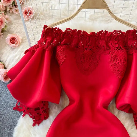 Sexy Hollow Out Lace Bodycon Long Dress Women Elegant Red/Pink/White Off Shoulder Patchwork Maxi Party Vestidos 2021 Autumn New - Lootquake