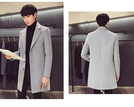 2024 Spring Autumn New Long Cotton Coat New Wool Blend Pure Color Casual Business Fashion Men's Clothing Slim Windbreaker Jacket - Lootquake