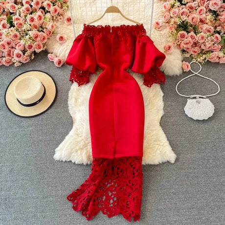 Sexy Hollow Out Lace Bodycon Long Dress Women Elegant Red/Pink/White Off Shoulder Patchwork Maxi Party Vestidos 2021 Autumn New - Lootquake