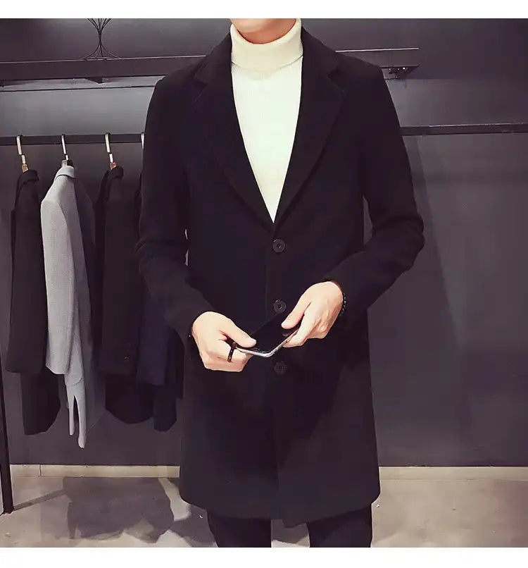 2024 Spring Autumn New Long Cotton Coat New Wool Blend Pure Color Casual Business Fashion Men's Clothing Slim Windbreaker Jacket - Lootquake