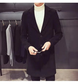 2024 Spring Autumn New Long Cotton Coat New Wool Blend Pure Color Casual Business Fashion Men's Clothing Slim Windbreaker Jacket - Lootquake