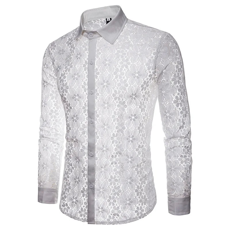 Mens Flower Patchwork Embroidery Lace Shirt 2019 Fashion Transparent Sexy Dress Shirts Mens See Trough Club Party Event Chemise - Lootquake
