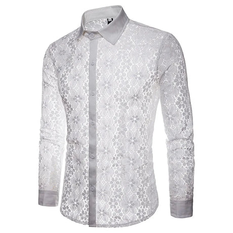 Mens Flower Patchwork Embroidery Lace Shirt 2019 Fashion Transparent Sexy Dress Shirts Mens See Trough Club Party Event Chemise - Lootquake