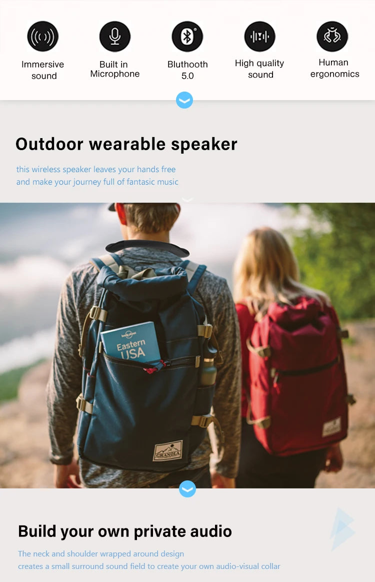 Altavoces Bluetooth con banda para el cuello, 12 horas de música, altavoz portátil inalámbrico, sonido estéreo 3D real, altavoces personales portátiles con micrófono