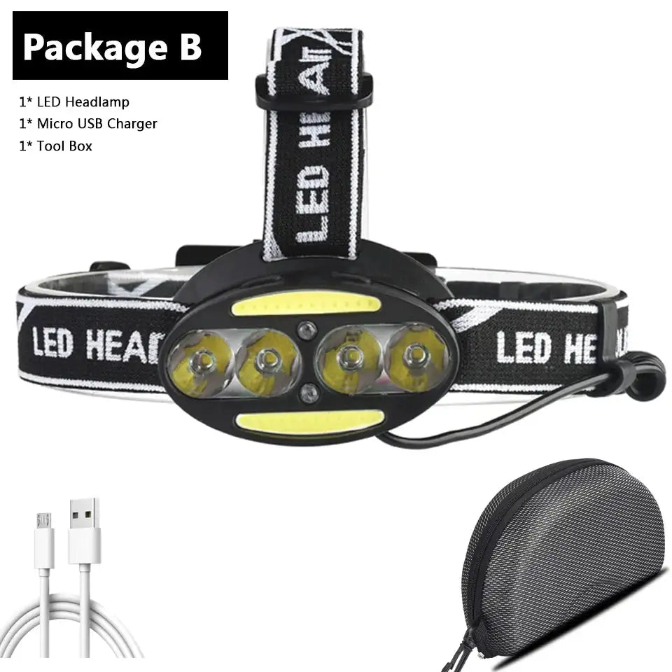 Linterna frontal, linterna frontal, linterna, linterna, linterna, 4 bombillas LED con sensor XML, linterna, camping, ciclismo, caza, senderismo, litio.