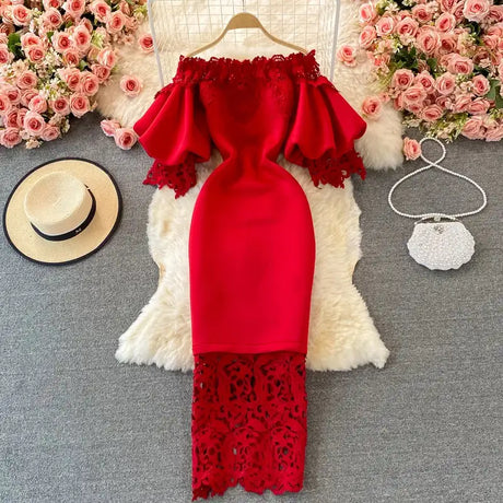 Sexy Hollow Out Lace Bodycon Long Dress Women Elegant Red/Pink/White Off Shoulder Patchwork Maxi Party Vestidos 2021 Autumn New - Lootquake