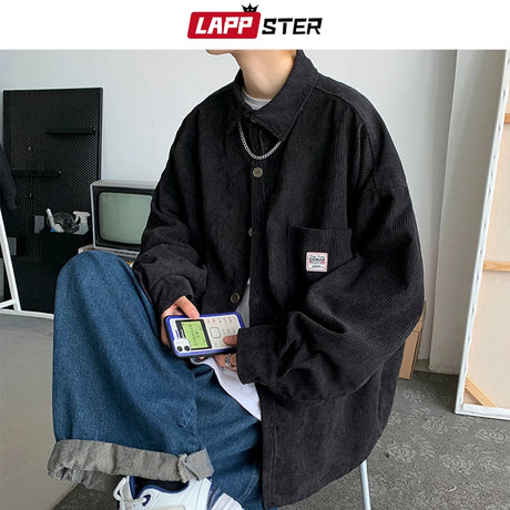 LAPPSTER Men Corduroy Vintage Autumn Shirts 2023 Mens Korean Fashion Harajuku Shirts Male Oversized Streetwear Colorful Shirts - Lootquake