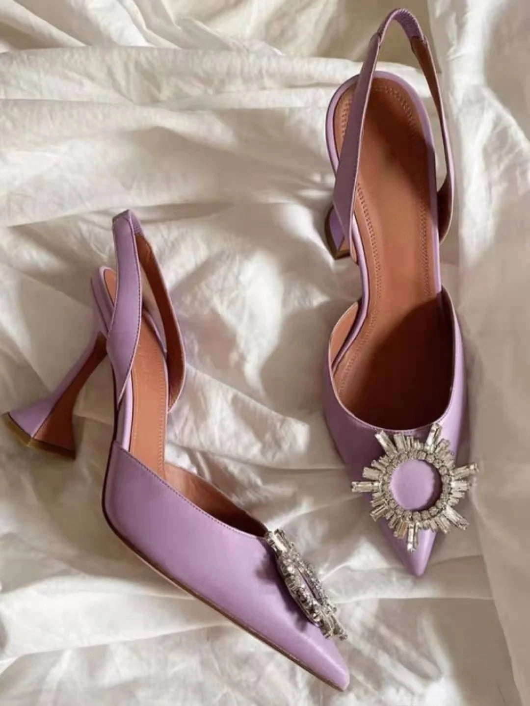 New Fashionable Half Slippers Women&#39;s Sandals Fashionable Sparkling Rhinestones Satin Wine Glass Heel Shoes Closed-Toe Slippers