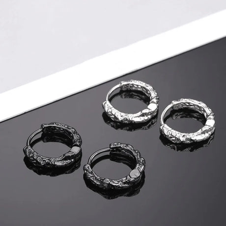 KOFSAC Vintage Black Irregular Texture Hoops Men Jewelry 925 Sterling Silver Earrings For Women Hip-Hop Party Accessories Gifts - Lootquake