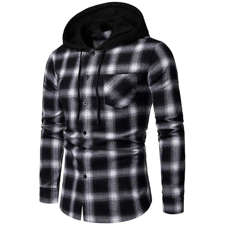 Men's Shirts Autumn Fashion Casual Plaid Shirts Long Sleeve Cotton high quality Pullover Hooded Shirt Winter Mens Top Blouse - Lootquake