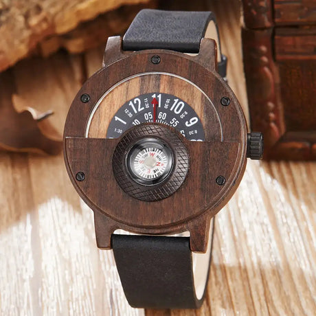 Natural Wood Watch Men Turntable Compass Dial Real Walnut Ebony Bamboo Wooden Watches Male Brown Concept Clock Quartz Wristwatch - Lootquake