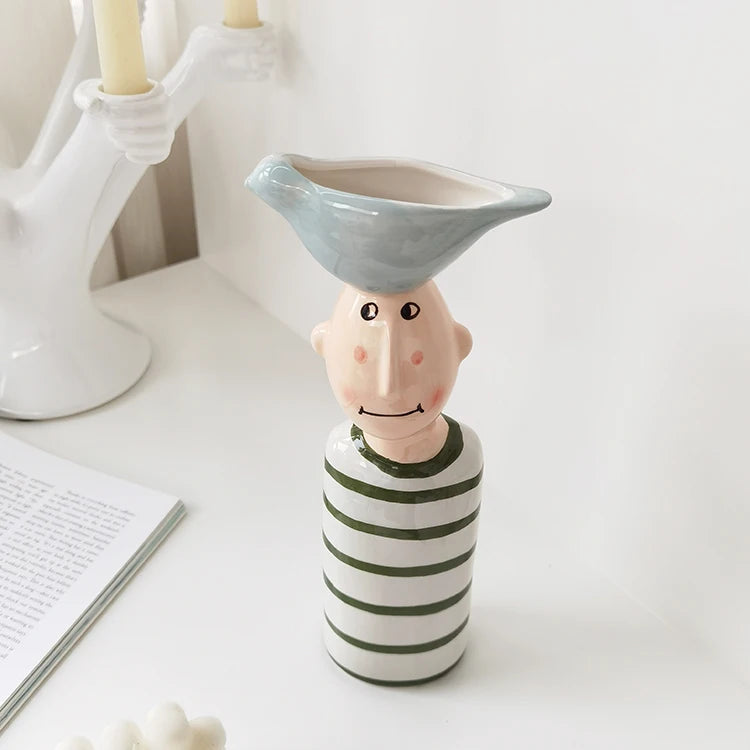 Statue Head Portrait Sculpture Ornament Bonsai Handmade Art Pot Bum Ceramic Vase Plaster Living Room Home Decor Dried Flowers