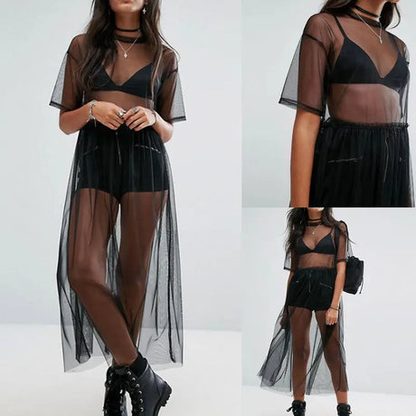 Sexy Women Party Evening Black  See Through Mesh Dress Sheer Maxi Dress Tulle Lace long Dress Casual Sexy Party Vintage Bodycon - Lootquake